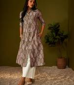 Women brown cotton ethnic motifs a-line kurta