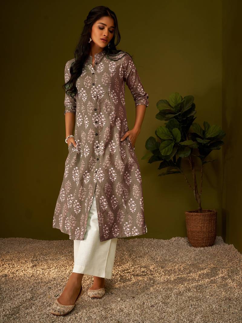 Women brown cotton ethnic motifs a-line kurta