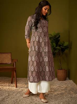 Women brown cotton ethnic motifs a-line kurta 2