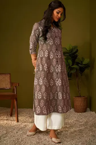 Women brown cotton ethnic motifs a-line kurta