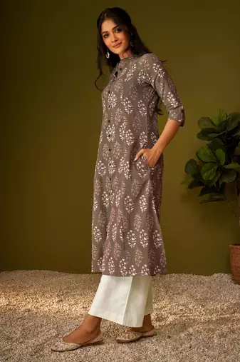 Women brown cotton ethnic motifs a-line kurta