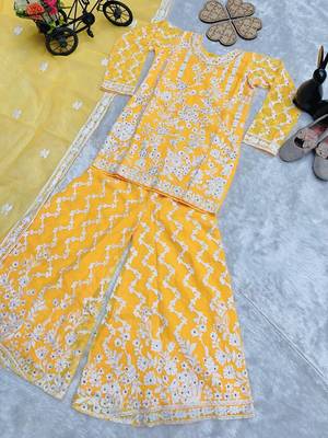 fancy Georgette Embroidery and Diamond Work Yellow Readymade Salwar Suit 6