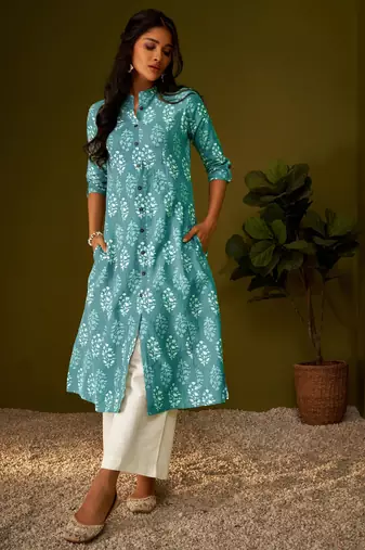 Women sky blue cotton ethnic motifs a-line kurta