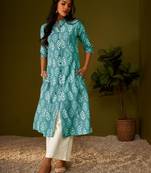 Women sky blue cotton ethnic motifs a-line kurta