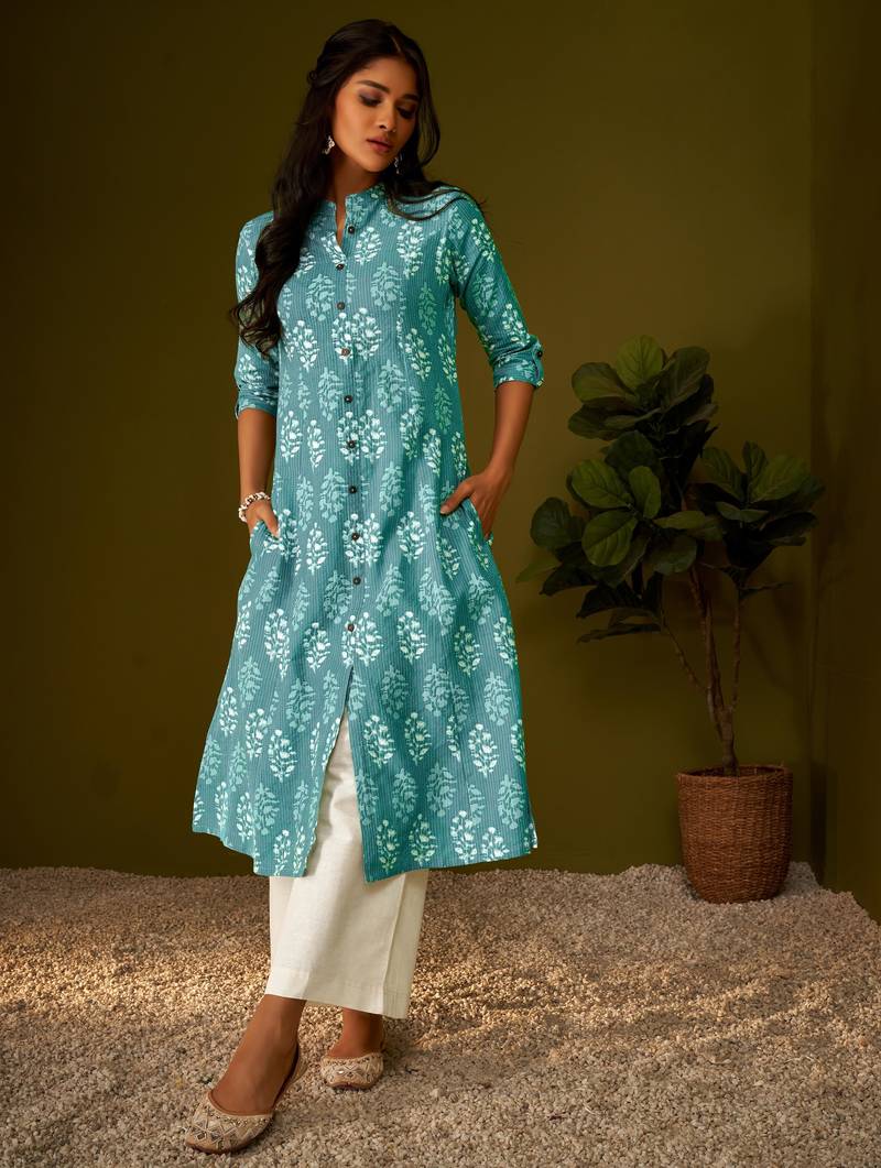 Women sky blue cotton ethnic motifs a-line kurta