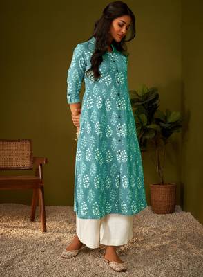 Women sky blue cotton ethnic motifs a-line kurta 2