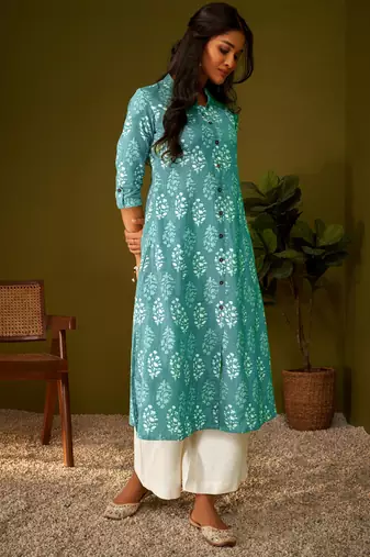 Women sky blue cotton ethnic motifs a-line kurta