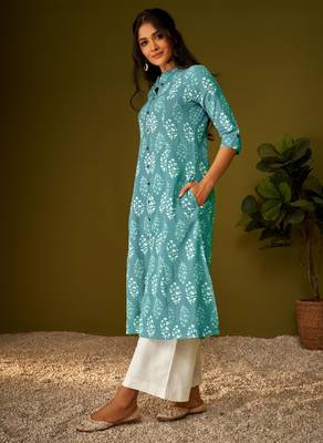Women sky blue cotton ethnic motifs a-line kurta 3
