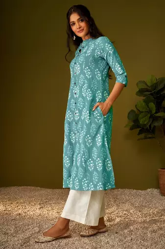 Women sky blue cotton ethnic motifs a-line kurta