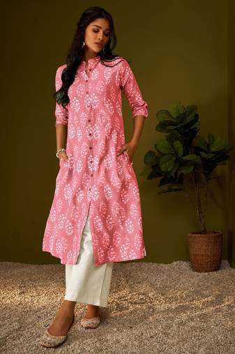 Women pink cotton ethnic motifs a-line kurta