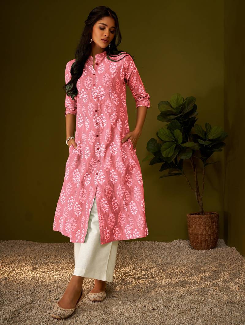 Women pink cotton ethnic motifs a-line kurta