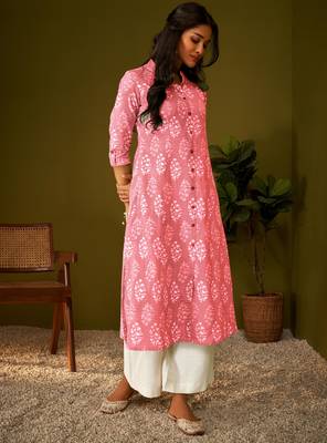 Women pink cotton ethnic motifs a-line kurta 2