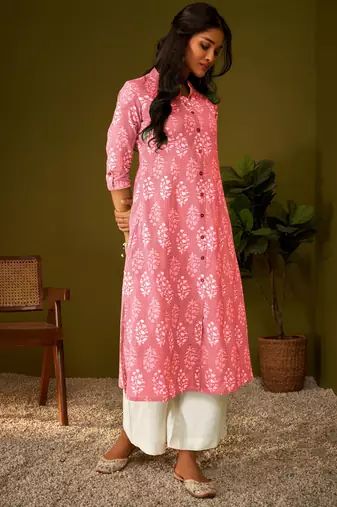 Women pink cotton ethnic motifs a-line kurta