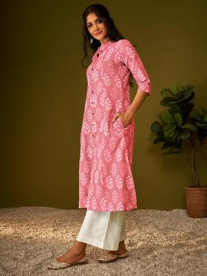 Women pink cotton ethnic motifs a-line kurta 3