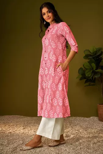 Women pink cotton ethnic motifs a-line kurta