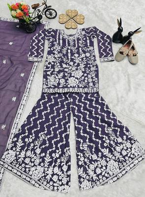 Fancy Georgette Embroidery and Diamond Work Purple Readymade Salwar Suit 6