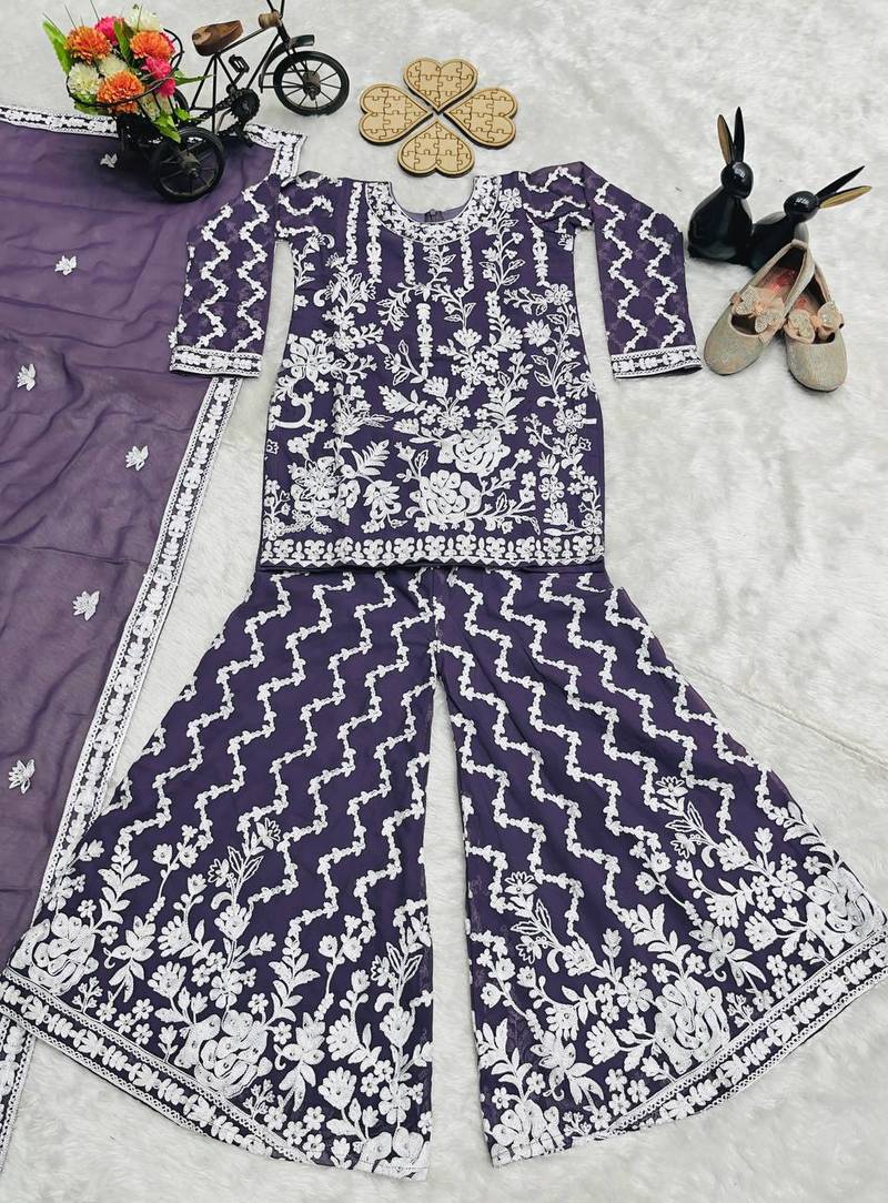 Fancy Georgette Embroidery and Diamond Work Purple Readymade Salwar Suit