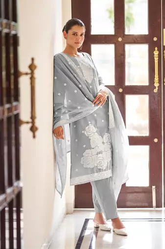 Grey ethnic motifs floral jacquard straight thread work kurta set