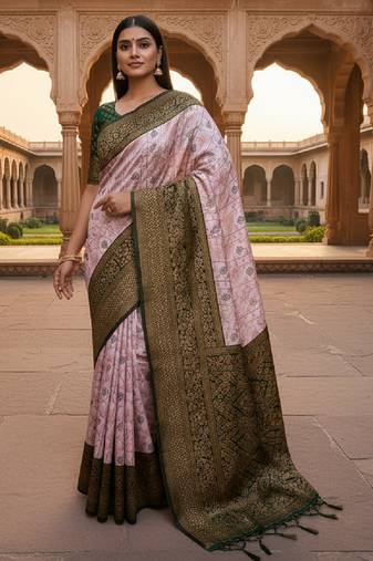 Baby pink soft silk blend banarasi jacuard work designer party wear saree with unstitched blouse piece