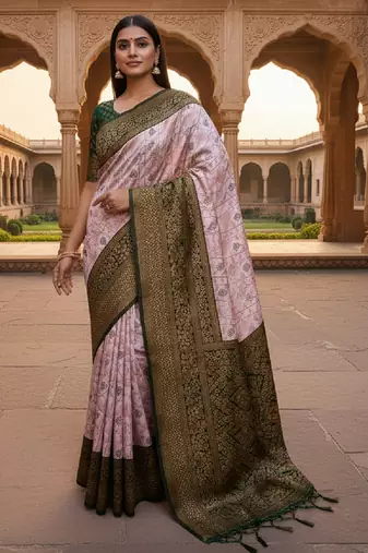 Baby pink silk blend banarasi saree with unstitched blouse piece
