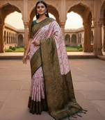 Baby pink silk blend banarasi saree with unstitched blouse piece