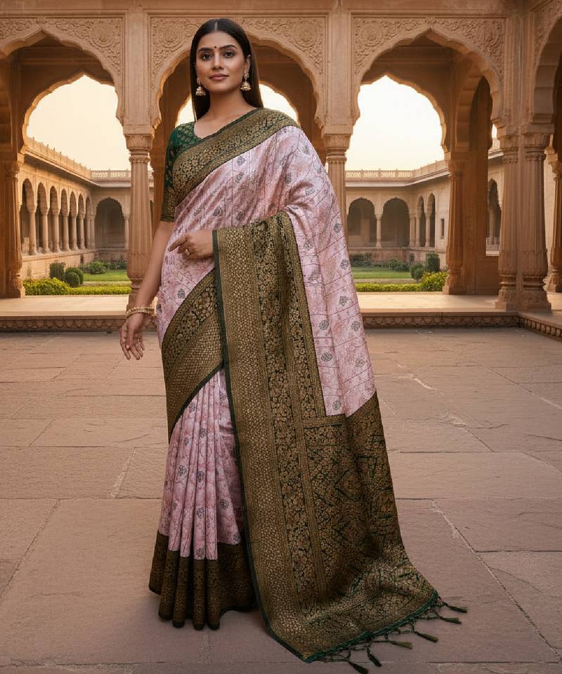 Baby pink. soft silk blend banarasi jacuard work designer party wear saree with unstitched blouse piece