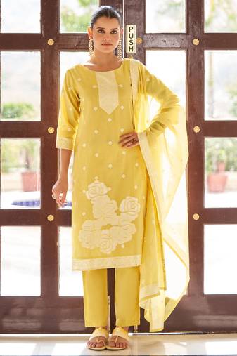 Yellow ethnic motifs floral jacquard straight thread work kurta set