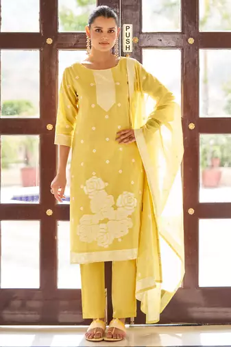 Yellow ethnic motifs floral jacquard straight thread work kurta set