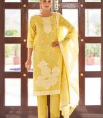 Yellow ethnic motifs floral jacquard straight thread work kurta set