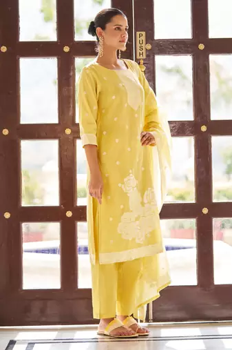 Yellow ethnic motifs floral jacquard straight thread work kurta set