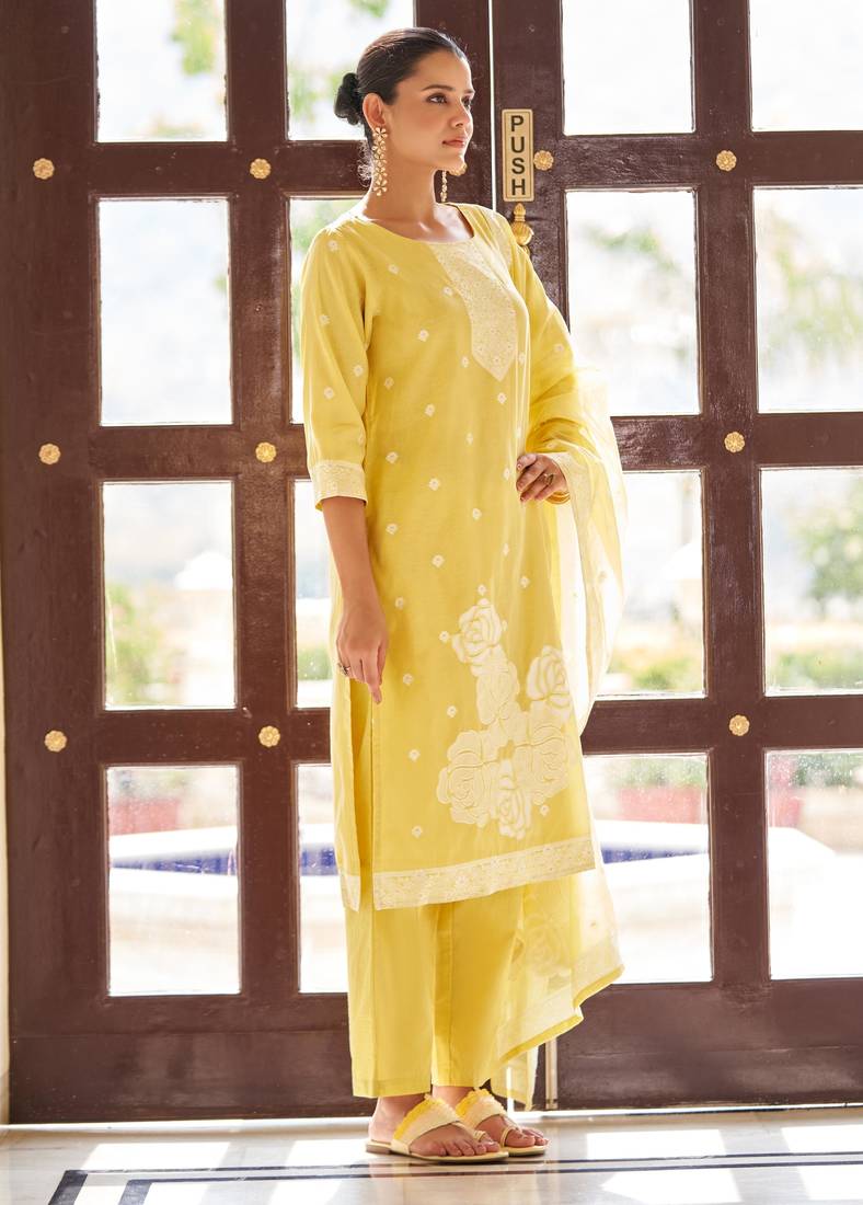 Yellow ethnic motifs floral jacquard straight thread work kurta set
