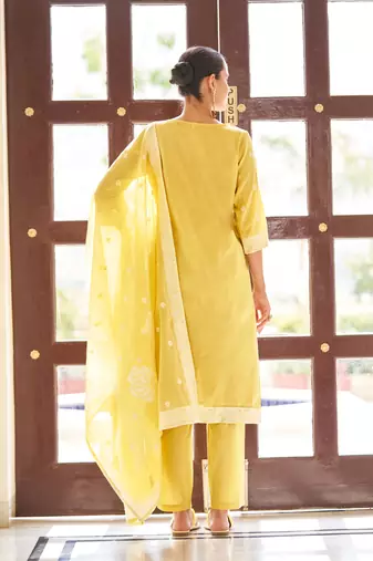Yellow ethnic motifs floral jacquard straight thread work kurta set