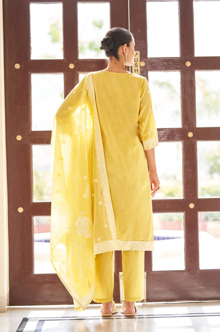 Yellow ethnic motifs floral jacquard straight thread work kurta set