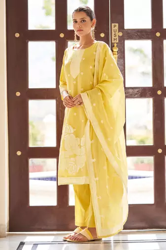 Yellow ethnic motifs floral jacquard straight thread work kurta set