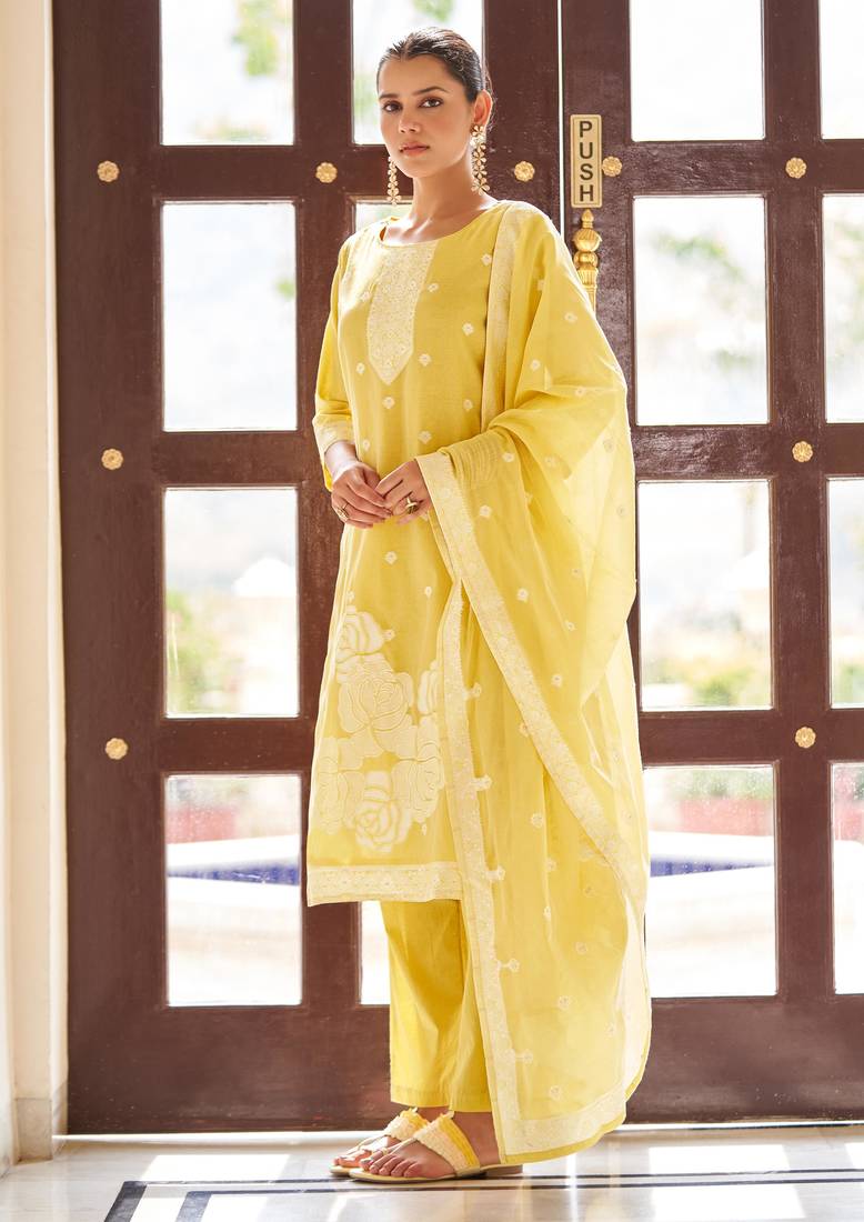 Yellow ethnic motifs floral jacquard straight thread work kurta set