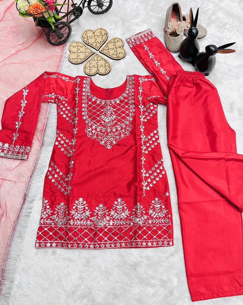 Natural Pure Heavy Creap Embroidery Work Red Readymade Salwar Suit