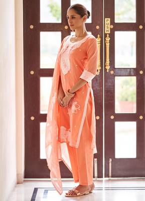 Orange ethnic motifs jacquard straight thread work kurta set 3