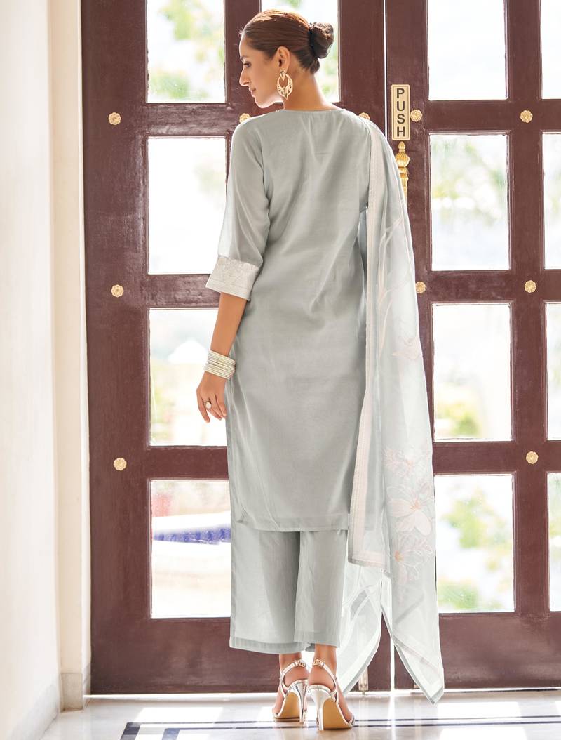 Grey ethnic motifs jacquard straight thread work kurta set