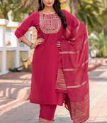 Pink cotton blend embroidered kurta set with dupatta for women