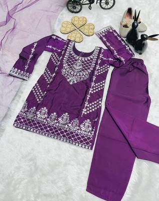 Natural Pure Heavy Creap Silk Embroidery Work Purple Readymade Salwar Suit 7
