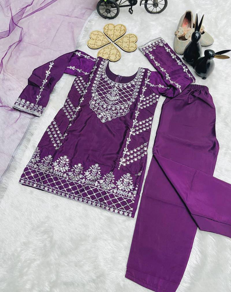 Natural Pure Heavy Creap Silk Embroidery Work Purple Readymade Salwar Suit