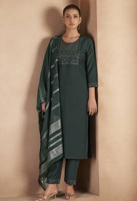 Dark green cotton blend embroidered with sequined work kurta set for women 1