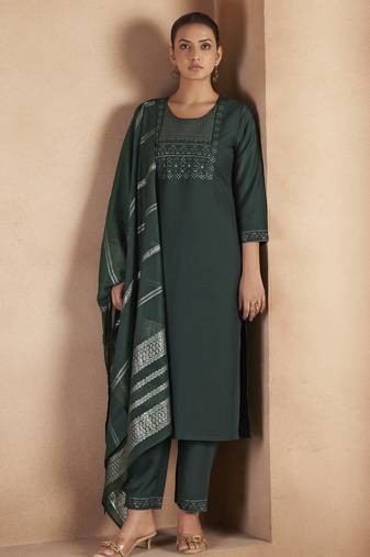 Dark green cotton blend embroidered with sequined work kurta set for women