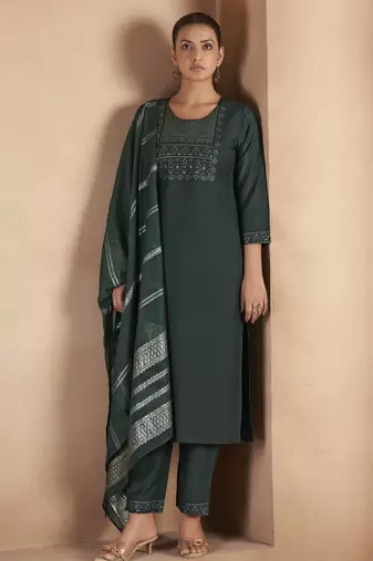 Dark green cotton blend embroidered with sequined work kurta set for women