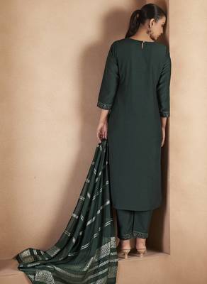 Dark green cotton blend embroidered with sequined work kurta set for women 2