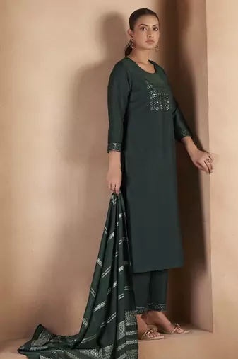 Dark green cotton blend embroidered with sequined work kurta set for women