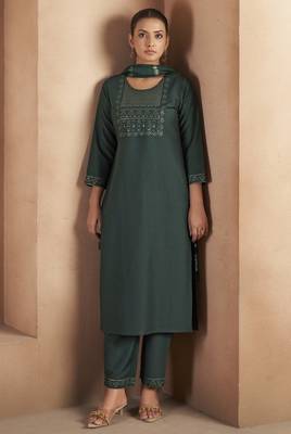 Dark green cotton blend embroidered with sequined work kurta set for women 4