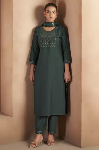 Dark green cotton blend embroidered with sequined work kurta set for women