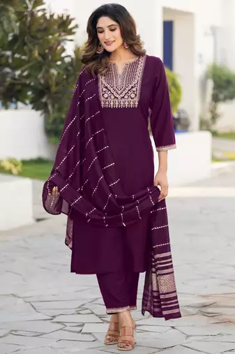 Wine chinon embroidered kurta set with jacquard dupatta