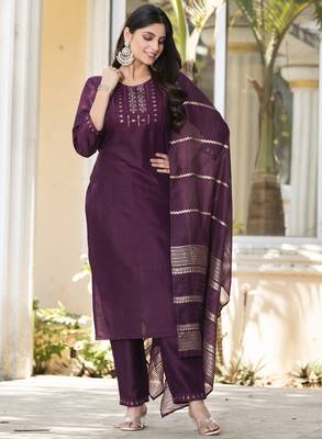 Wine silk blend embroidered kurta set with dupatta for women 1
